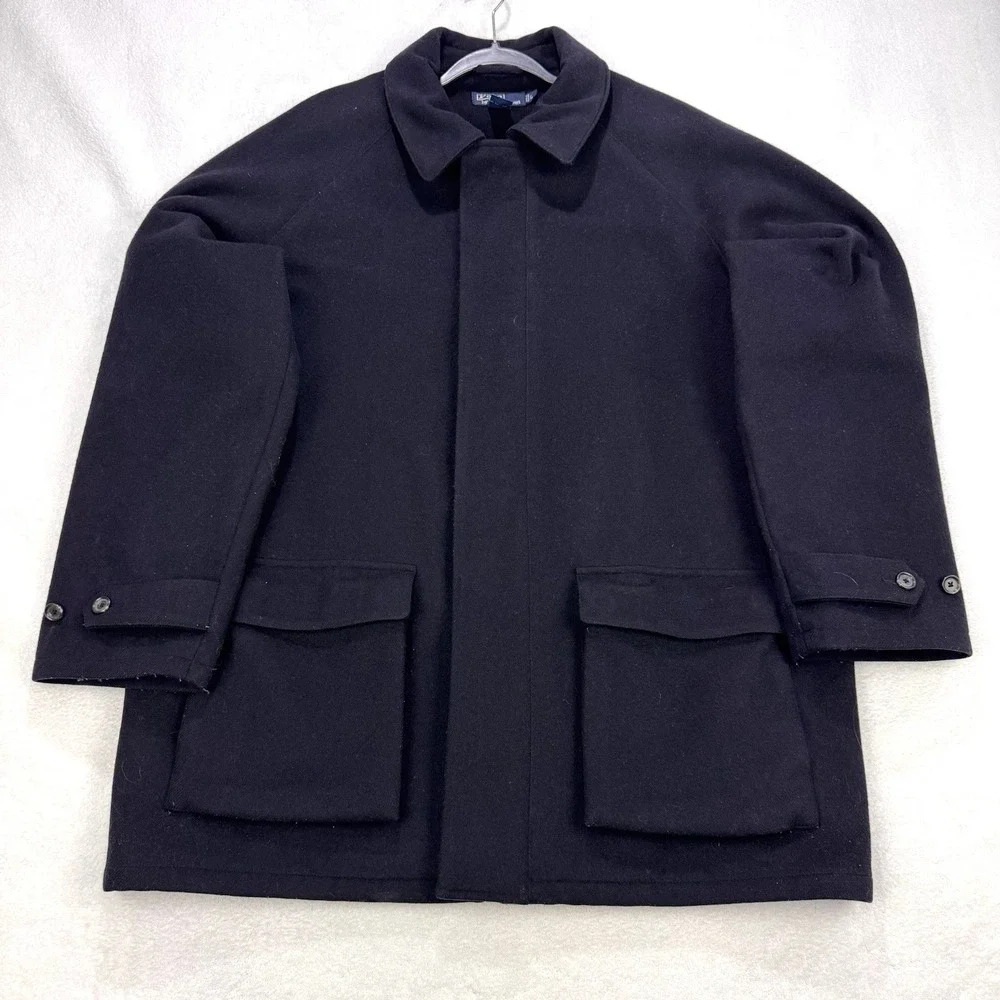 VTG Polo Ralph Lauren Wool Coat Men‎ L Black Pea Coat Full Zip Lined Snap Vent